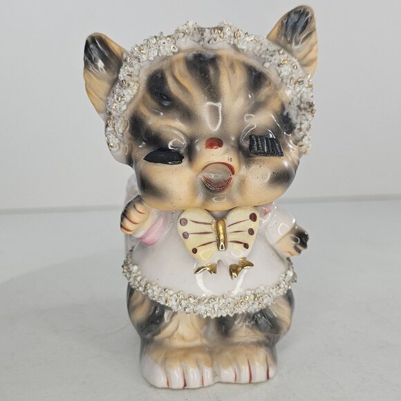 Vintage 1950s Anthropomorphic Striped Kitty Cat Planter Lashes Spaghetti Trim - Picture 10 of 10